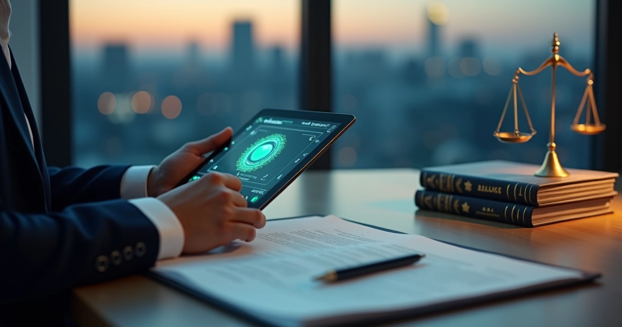 Advogado analisando certificado digital em tablet no escritório moderno