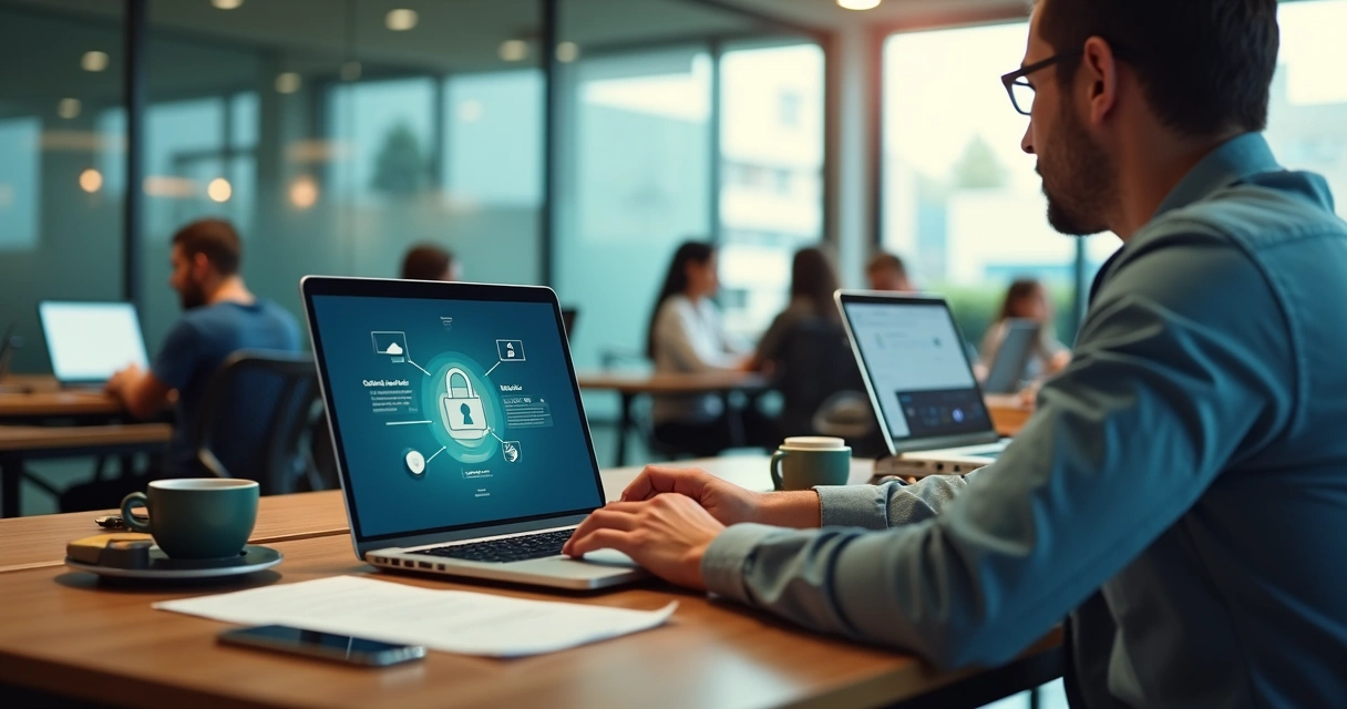 Profissional usando notebook com certificado digital em painel de ícones