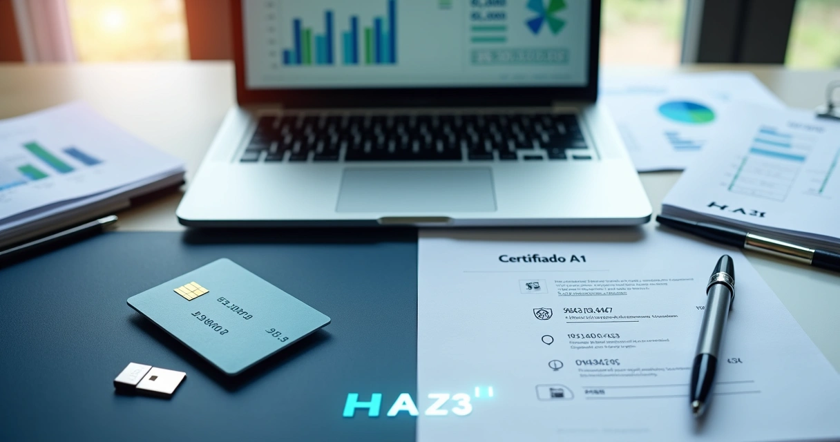 Mesa de escritório com dois cartões de certificado digital lado a lado, destacando comparação entre A1 e A3 na rotina fiscal