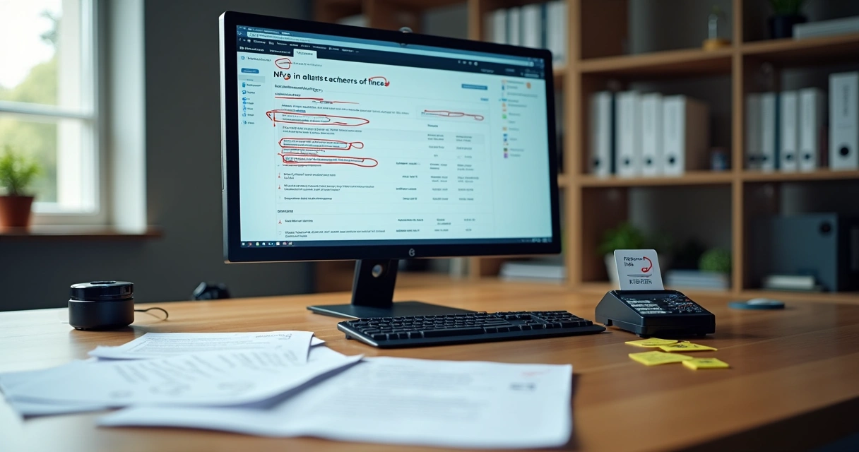 Mesa com erros destacados em nota fiscal eletrônica e certificado digital ao lado