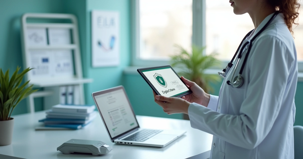 Profissional de saúde usando tablet com certificado digital na tela