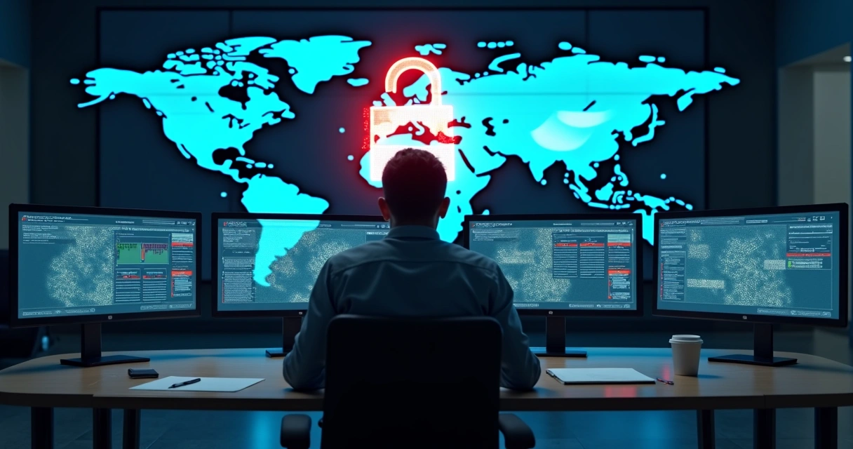 Profissional analisando painel de segurança digital com alerta de fraude