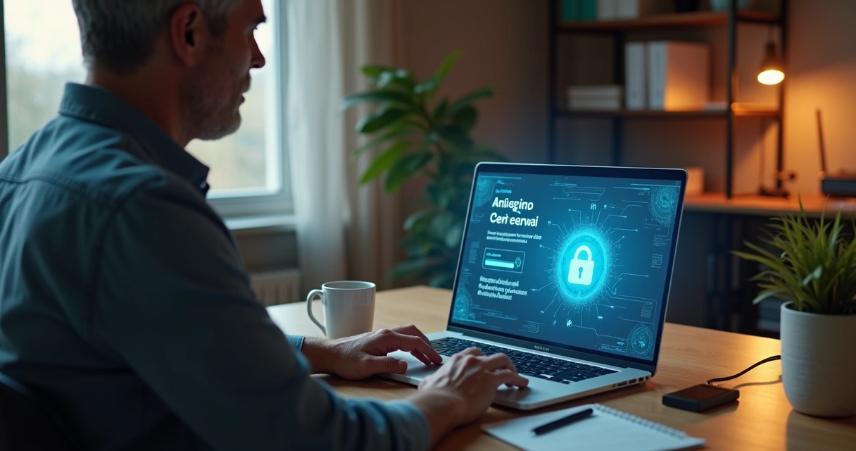 Pessoa atualizando certificado digital em notebook com holograma de cadeado