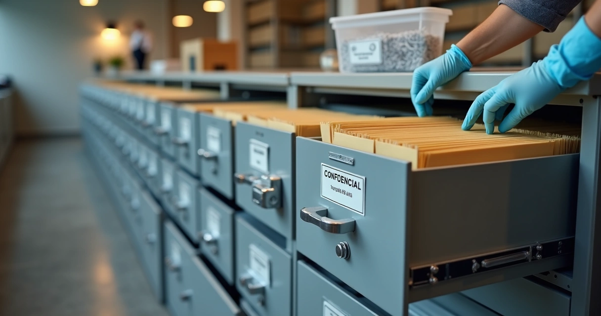 Arquivo físico de documentos protegido em escritório corporativo