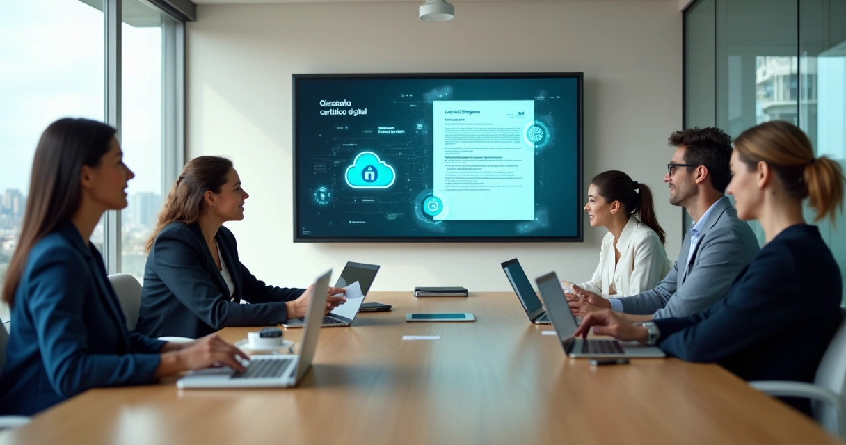 Equipe em mesa de reunião assinando documento digital em tela grande