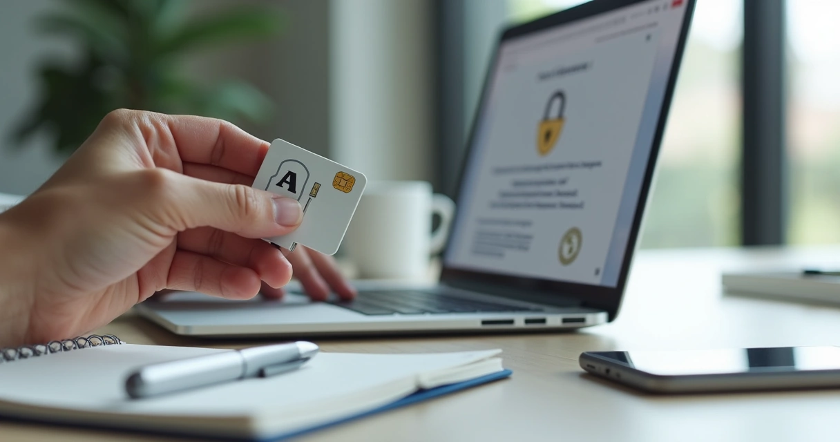Mão segurando token usb e smartcard de certificado digital A3 sobre notebook aberto
