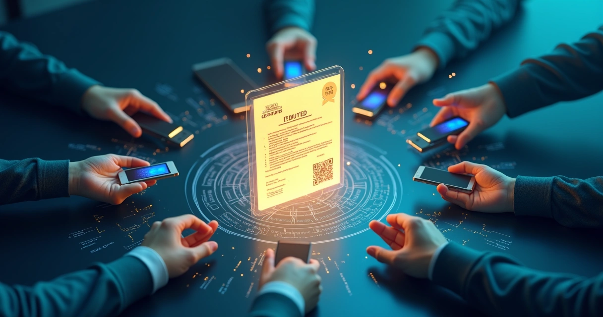 Ilustração de certificado digital flutuando ao centro cercado por múltiplas mãos tentando acessá-lo