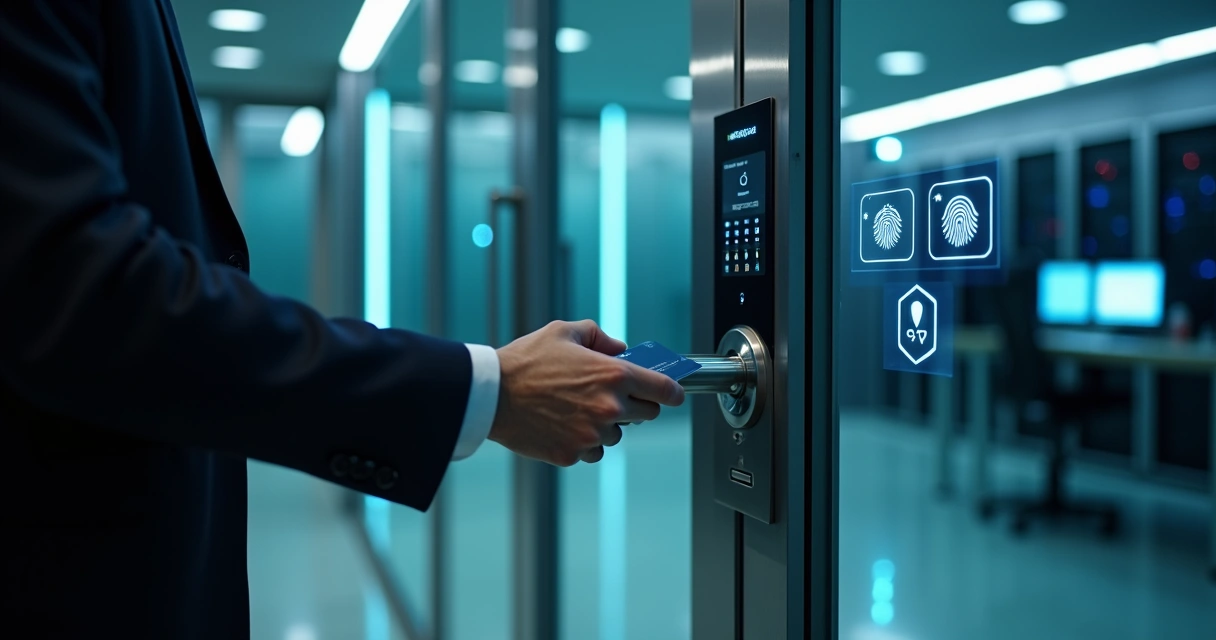 Painel digital de controle de acesso em porta corporativa de vidro