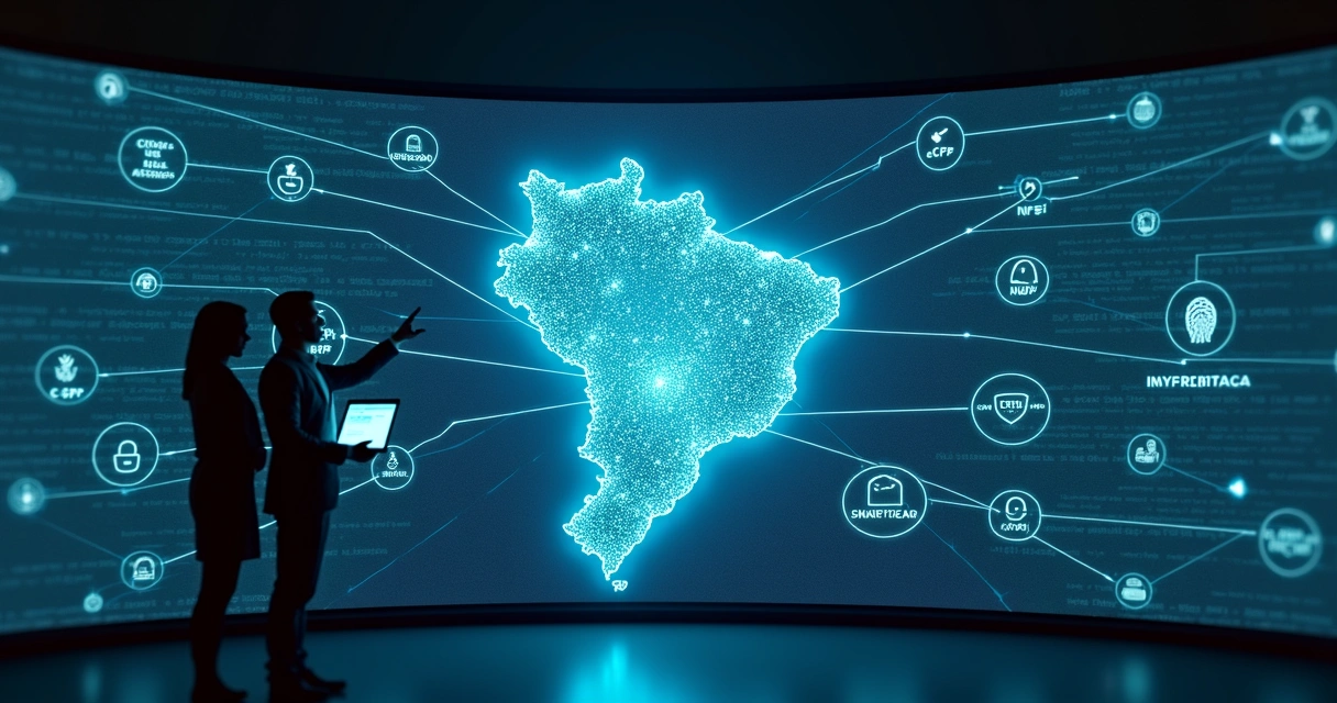 Painel digital com mapa do Brasil conectado a ícones de certificados digitais