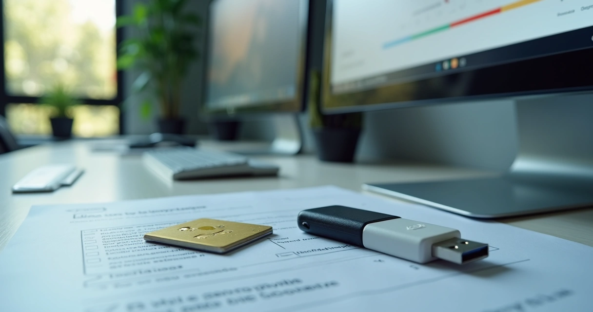 Token SafeID conectado em computador ao lado de cartão com chip