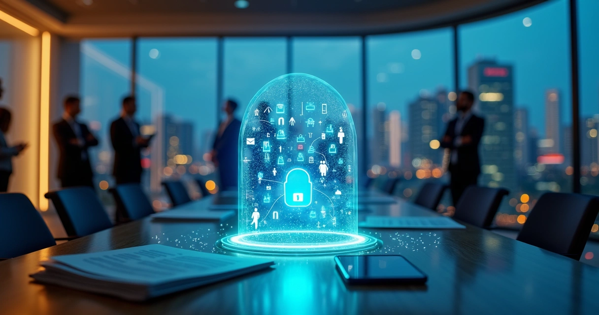 Mesa em sala de reunião com camadas virtuais protegendo dados da empresa